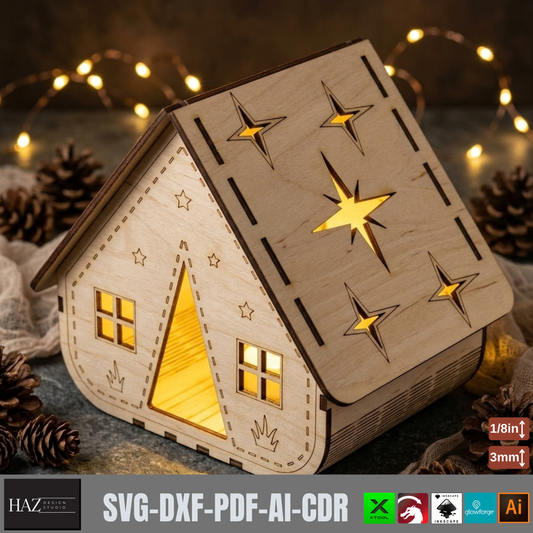 Wooden House Night Light Laser Cut Template, Tealight Candle Holder Plywood Decor 988