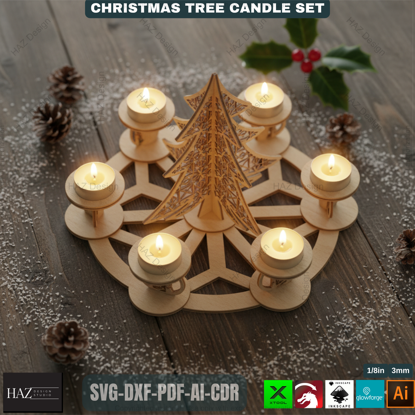 3D Christmas Tree Candle Holder Template, Festive Laser Cut Tea Light Stand, Holiday Advent Wreath Decor 495