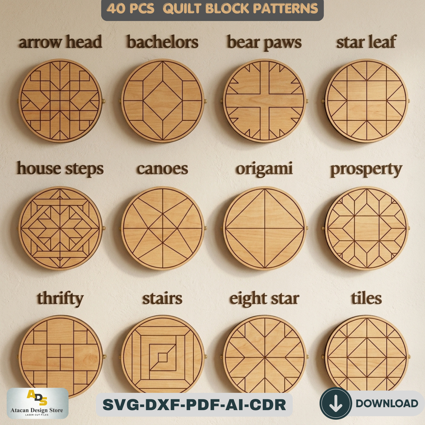 40 Round Quilt Block Patterns for Laser Cutting Geometric Wood Wall Art Designs 548