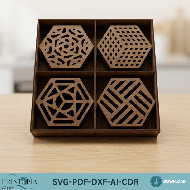 Geometric Laser Cut Coasters and Box Design Modern Wood Coaster Set Bundle
