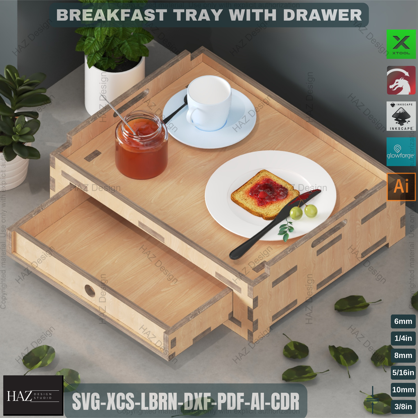 Wooden Breakfast Tray with Drawer - Laser Cut Digital Design Plan 453