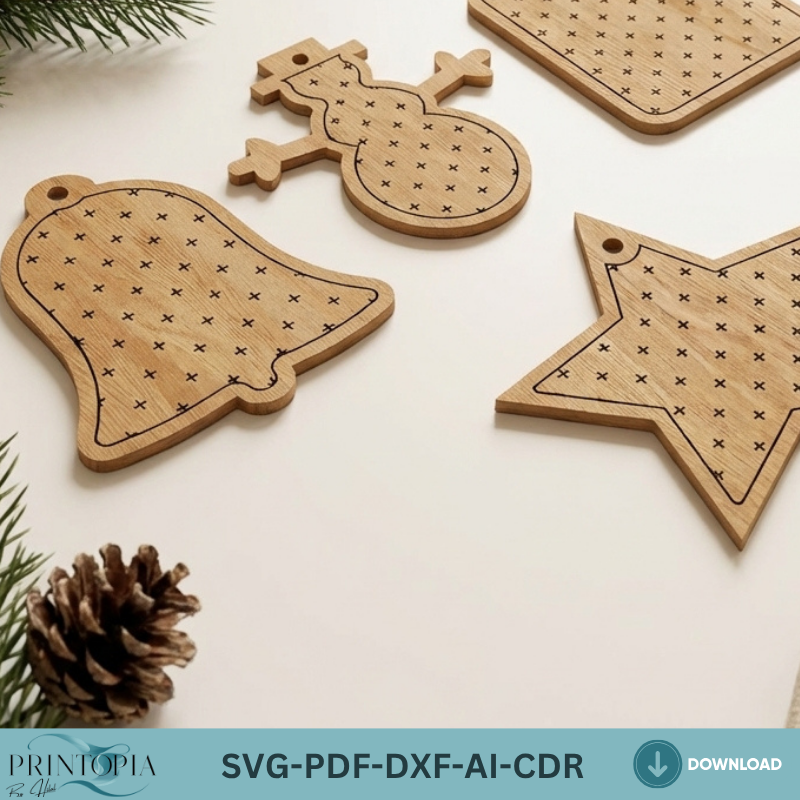 Christmas Ornament Set Holiday Tree Decor Wood Reindeer Snowman Gingerbread Svg 033