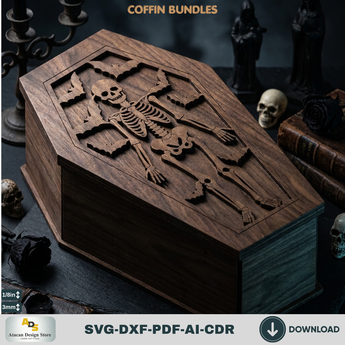 Gothic Coffin Box Laser Cut Bundle, Halloween Wooden Keepsake Casket Template, Spooky Trick or Treat 979