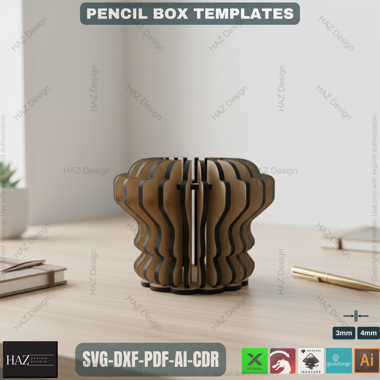 3D Pen Holder Laser Cut Design | Desk Organizer and Office Accessories,Modern Pen Holder Design for Laser Cutting 088