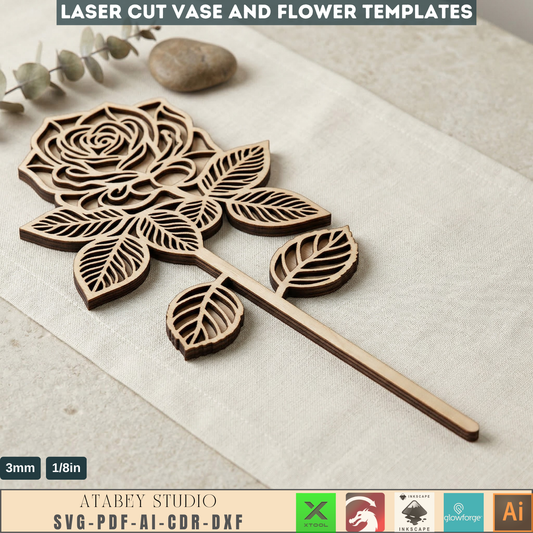 Vases and Wildflower Templates, Layered Floral Table Decor Cutting Files, Wood Flower Bouquet 998