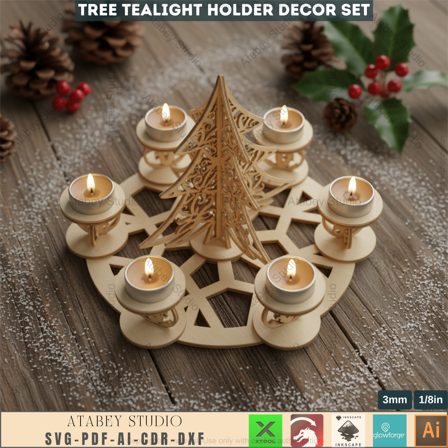 Festive Tree Lantern, Holiday Tea Light, New Year Themed Laser Cut Digital Download, Laser File Christmas Candles Tealight Holder Trees File Candle holder Christmas SVG, Christmas Snowflake trees candles Advent wreath laser file tealight  968