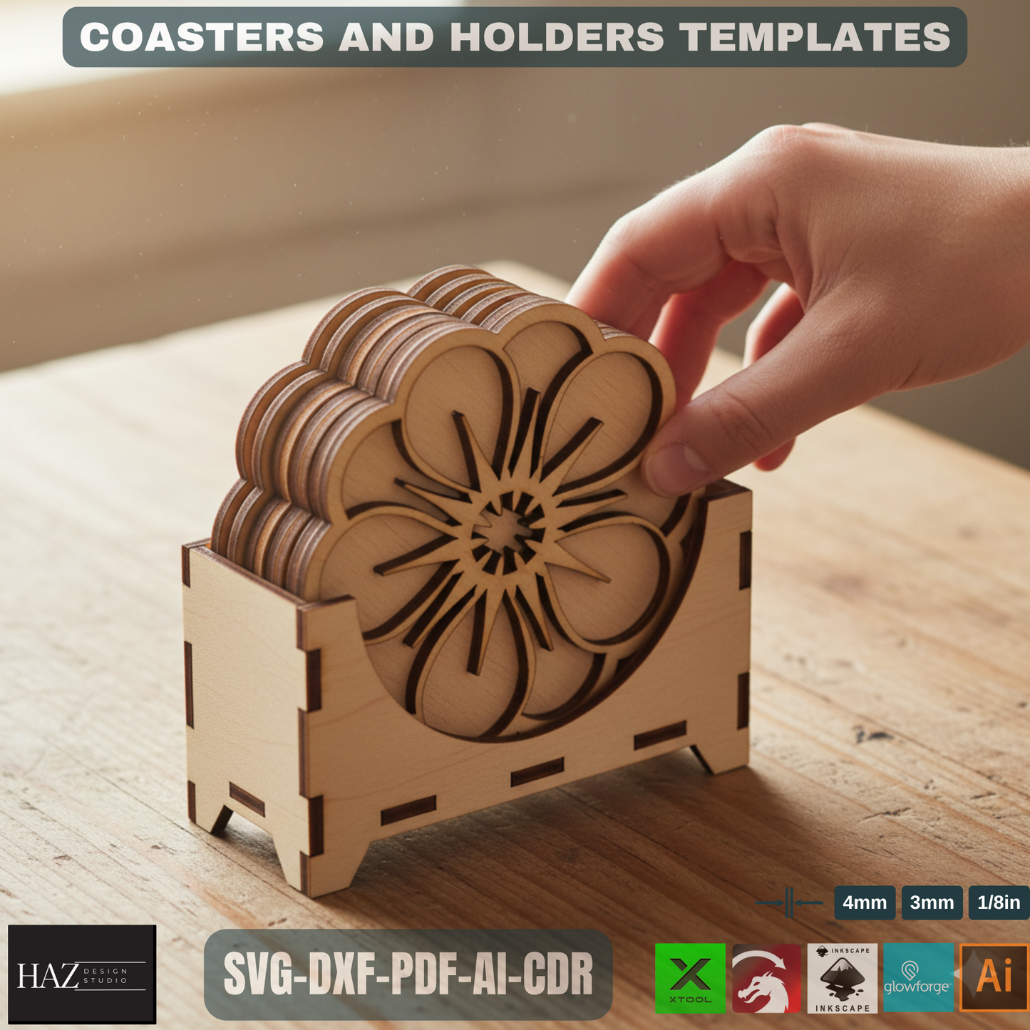 Floral Coaster Designs with Holder / Digital File for Laser Cutting / Decorative Coaster and Box Bundle 483