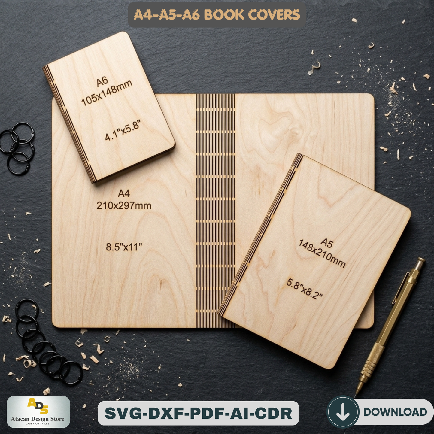 Wooden Laser Cut Book Cover Living Hinge Pattern A4 A5 A6 Journal Notebook Template