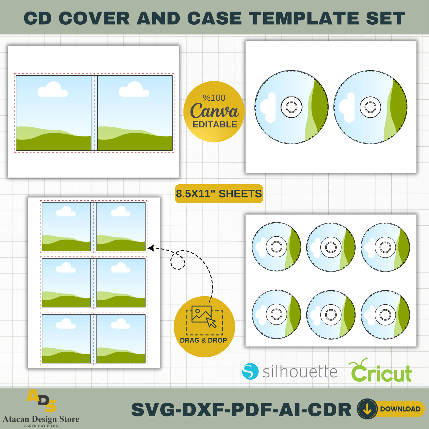 CD cover & case Template Set | 8.5x11" Editable svg, PDF, ai, DXF | Canva, Cricut, Silhouette Compatible 759