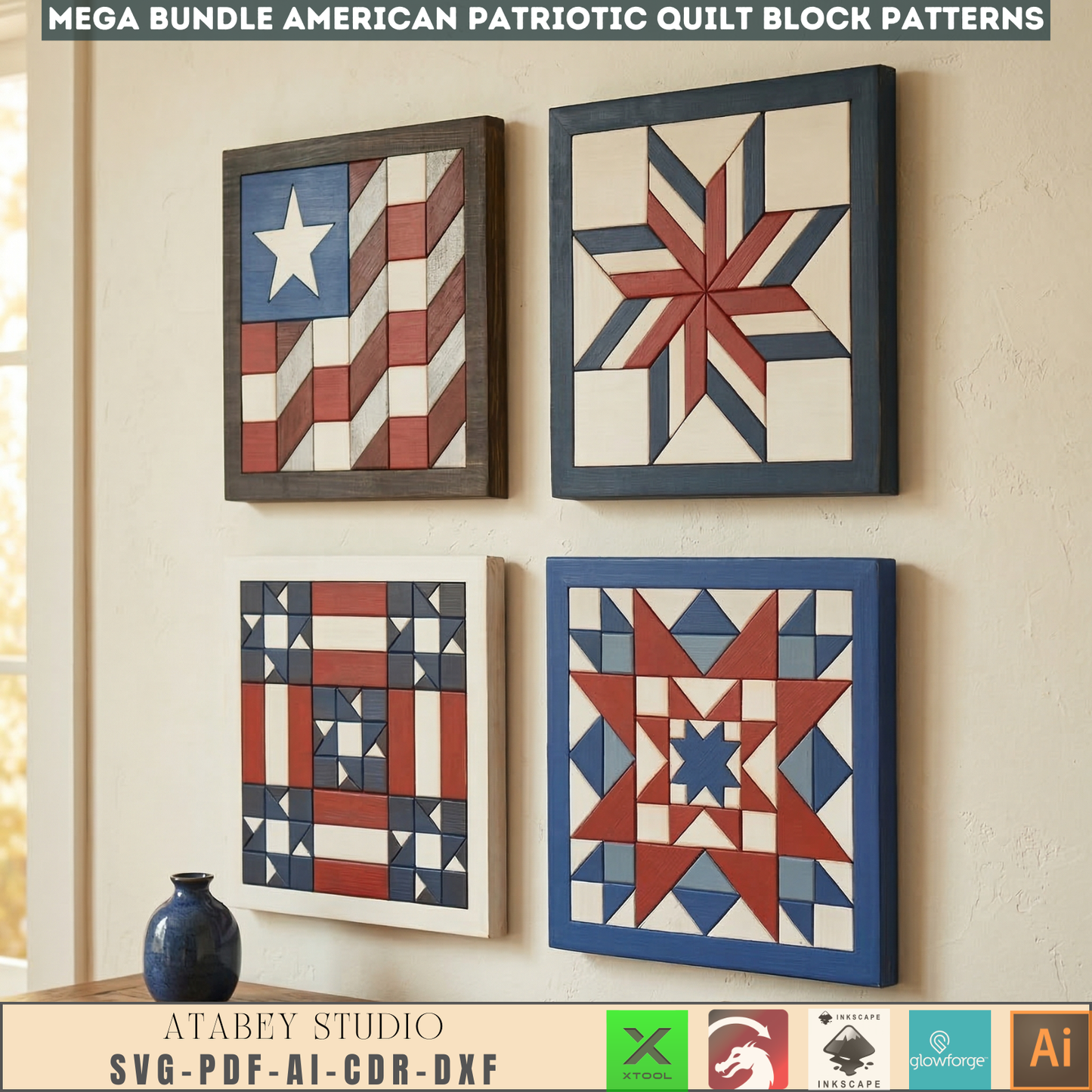 Patriotic Americana Quilt Block Wall Art Laser Cut Template Fourth of July Wooden Flag Pattern 999