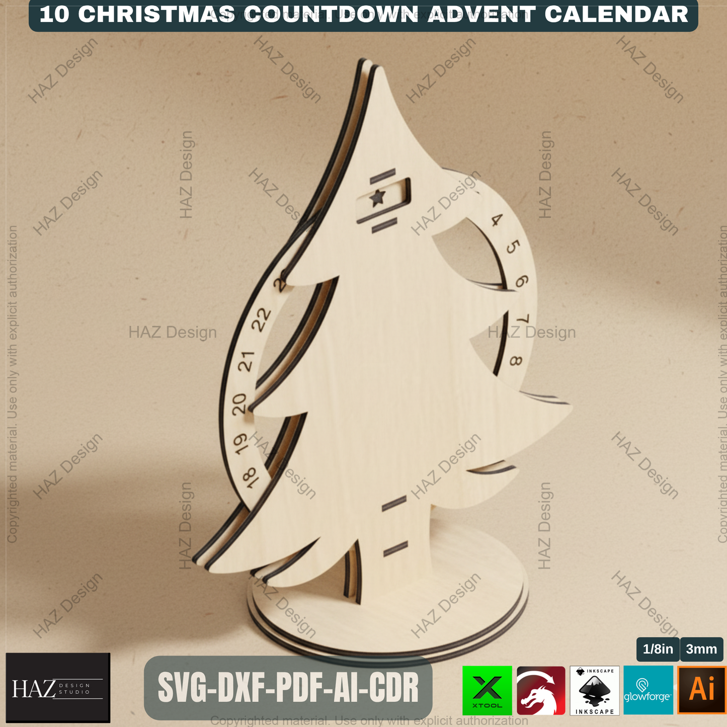 Festive Countdown Advent Calendar Laser Cut Files, Wooden Christmas Decor Template for Glowforge & Xtool, Holiday Craft Project 498