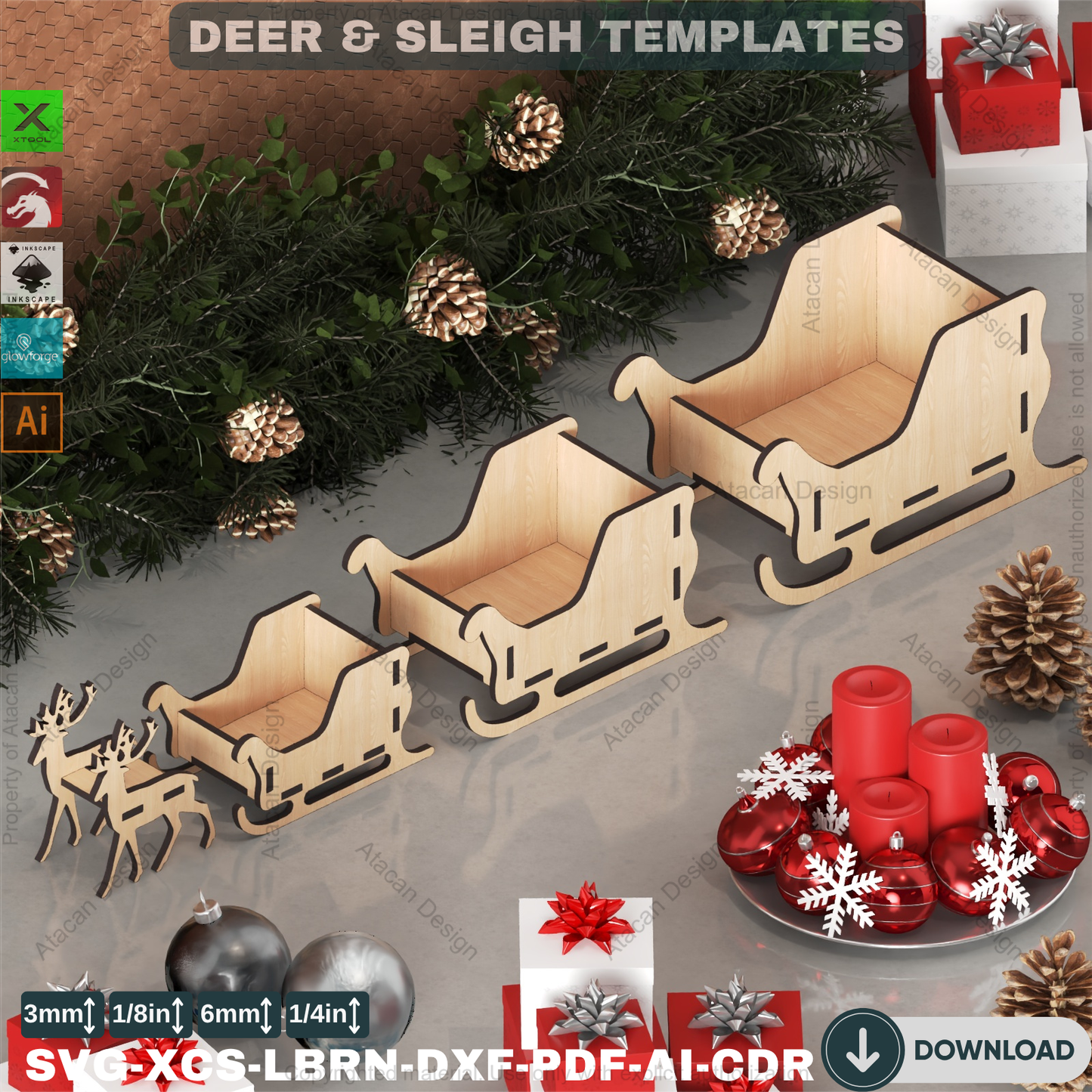 Santa's Sleigh and Reindeer SVG, Laser Cut Candy Holder File, DIY Holiday Project for Xtool & Lightburn