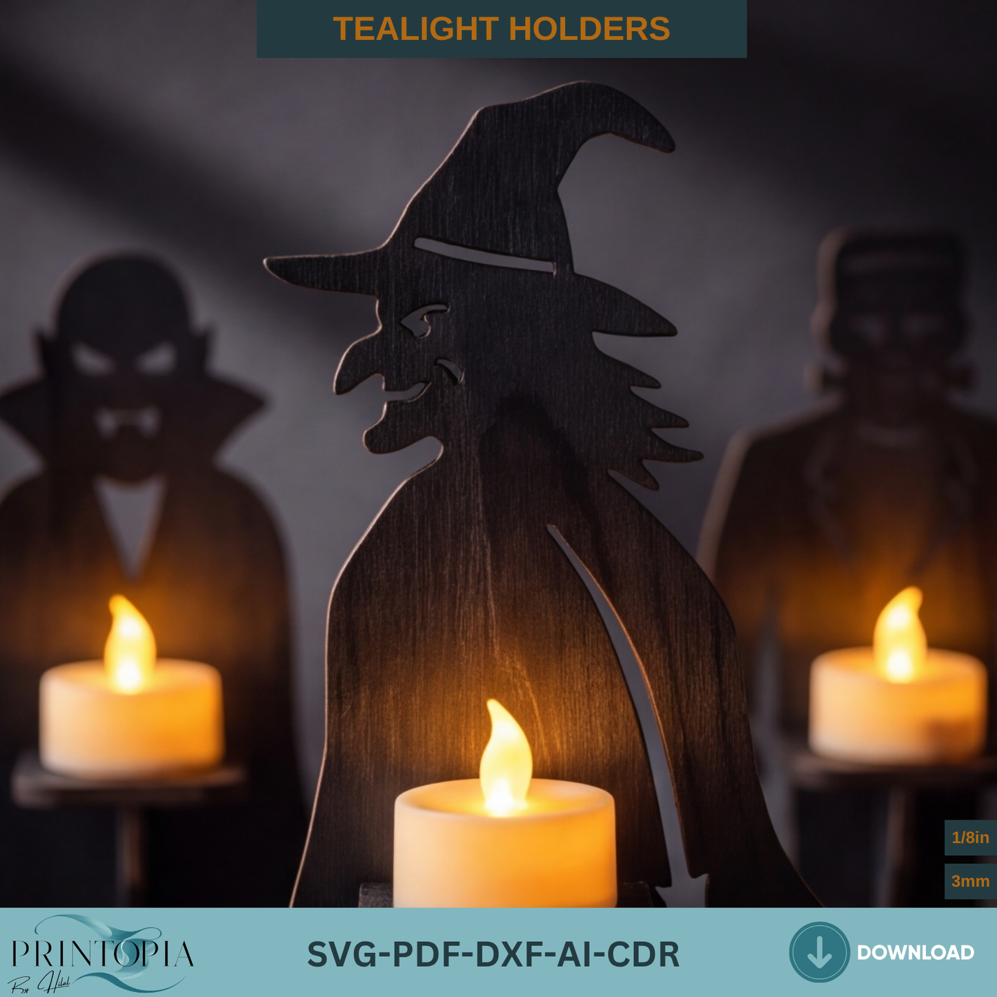 Halloween Monster Tealight Holder Laser Cut File SVG Vampire Witch Frankenstein