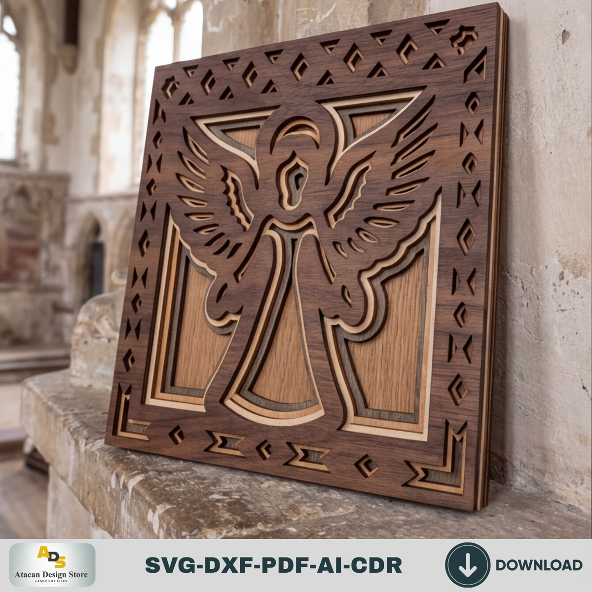 3D Angel Wall Decor Laser Cut Pattern, Religious Shadow Box Plaque, Christian Gift Glowforge Design