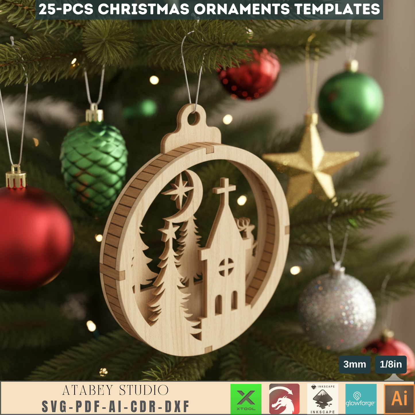 25 Christmas Ornament Templates for Laser Cutting | Round Xmas Bauble Designs | Holiday Tree Hanging Decor Craft Pattern