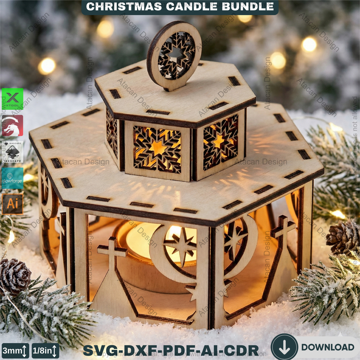 Christmas Candle Holders - Lanterns With Lid - Tealight Laser Cut Lamp Designs - Night Light Decoration 922