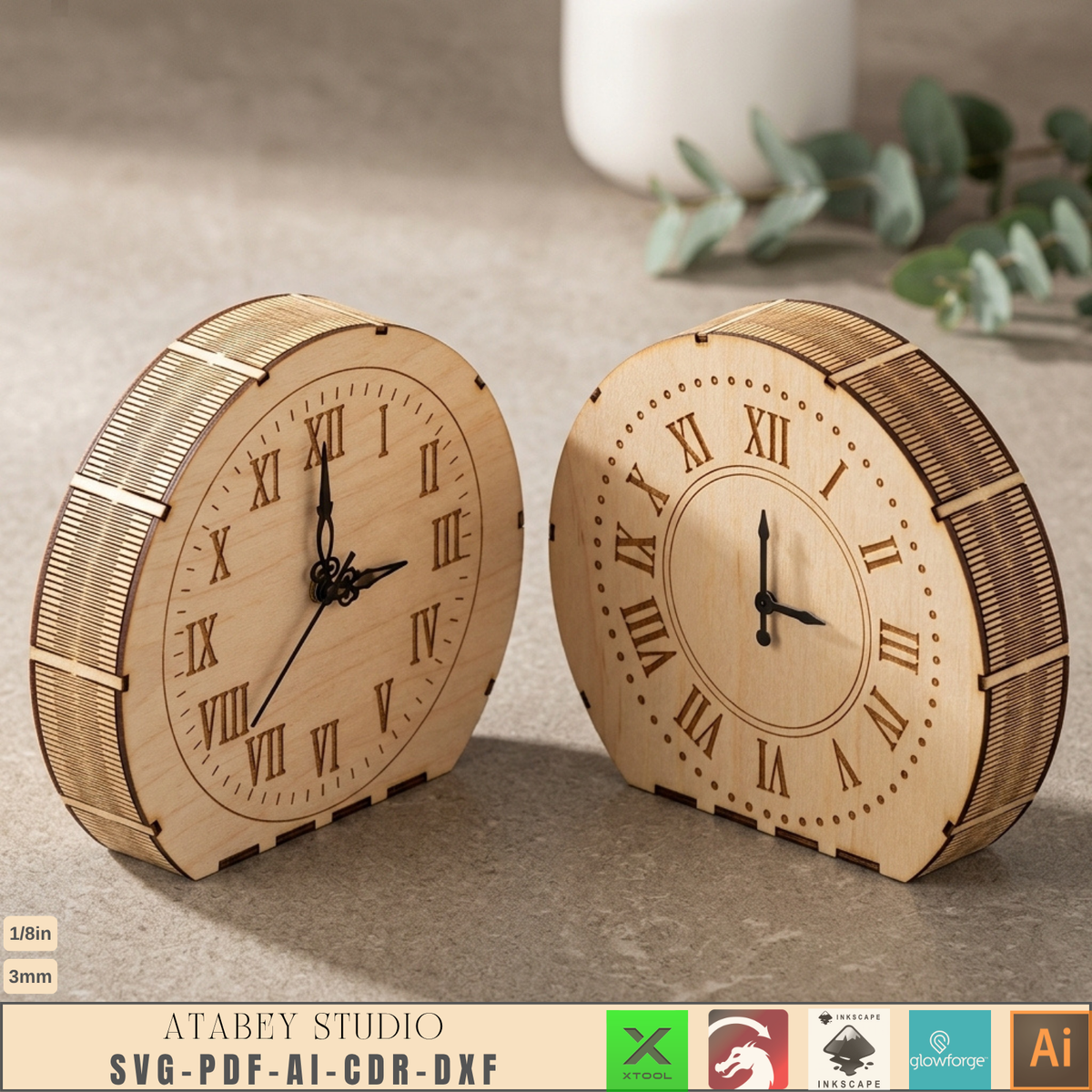 Laser Cut Wooden Table Clock Bundle, 10 Living Hinge Designs, Modern DIY Desk Clock Patterns