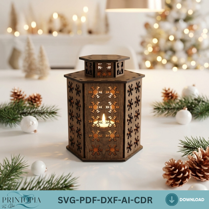 Laser Cut Christmas Lantern Wooden Snowflake Tealight Lamp 3 Sizes Holiday Home Decor 3D