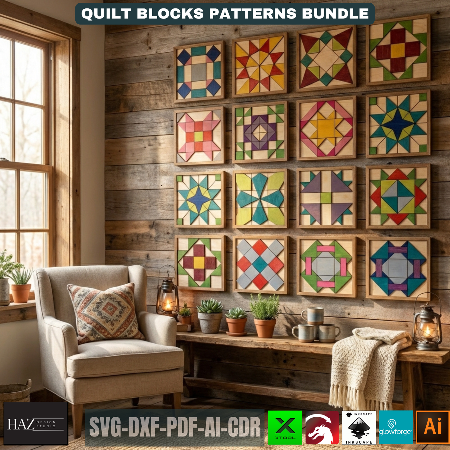 Geometric Wood Quilt Block Pattern, Modern Mosaic Wall Art Template, DIY Farmhouse Decor Sign 518