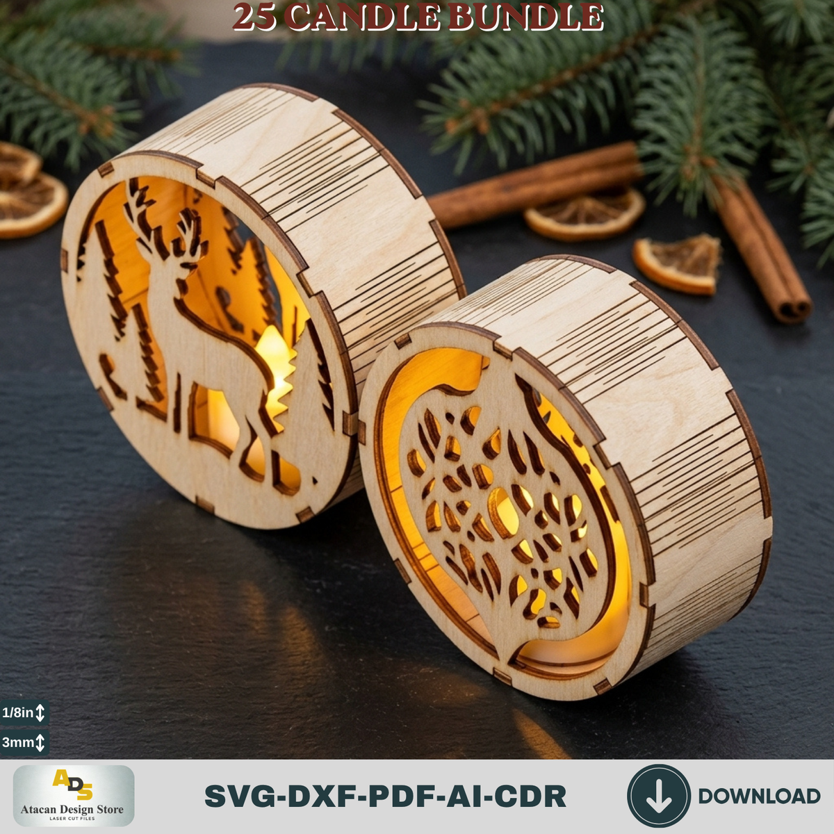 Christmas Tealight Candle Holder Bundle, 25 Laser Cut Round Lantern Templates, Xmas Glowforge Decor