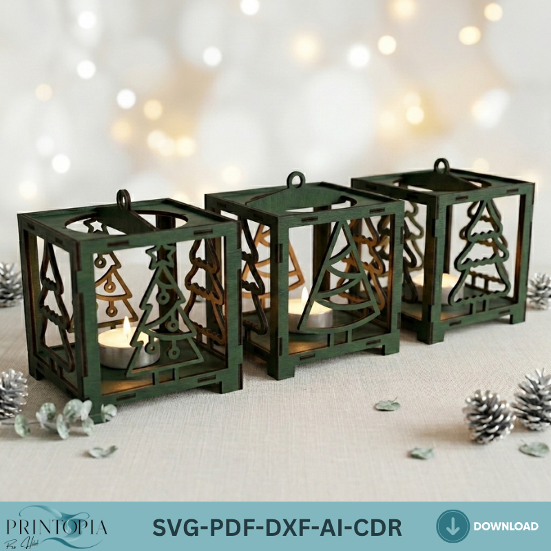 Green Christmas Tea Light Holder Decor / Christmas Ornament Tree Snowman Sled / Candle Holder / Floor Lantern Light DXF SVG Ai CDR ADS354