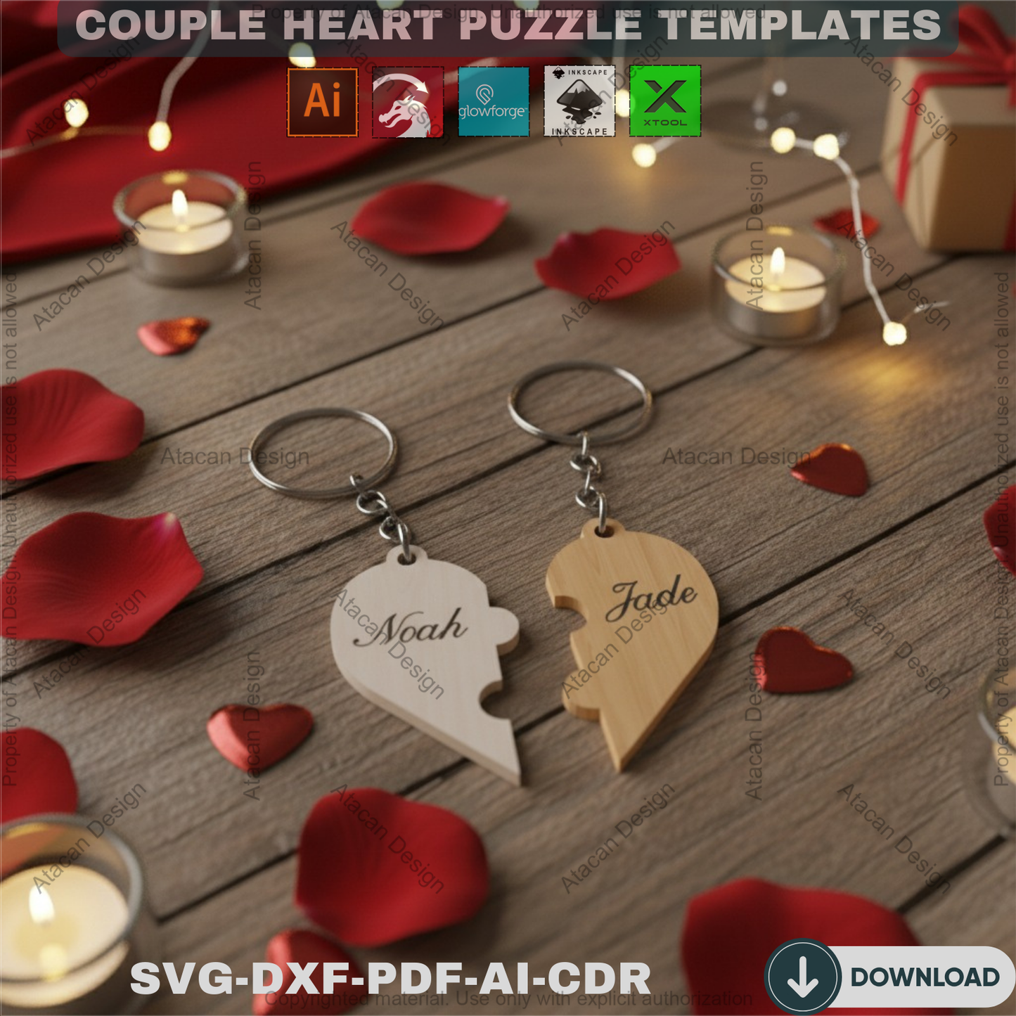 Couple Heart Keychain Laser Cut Files / Our Hearts Keyring Laser vector files / SVG DXF CDR Ai 304
