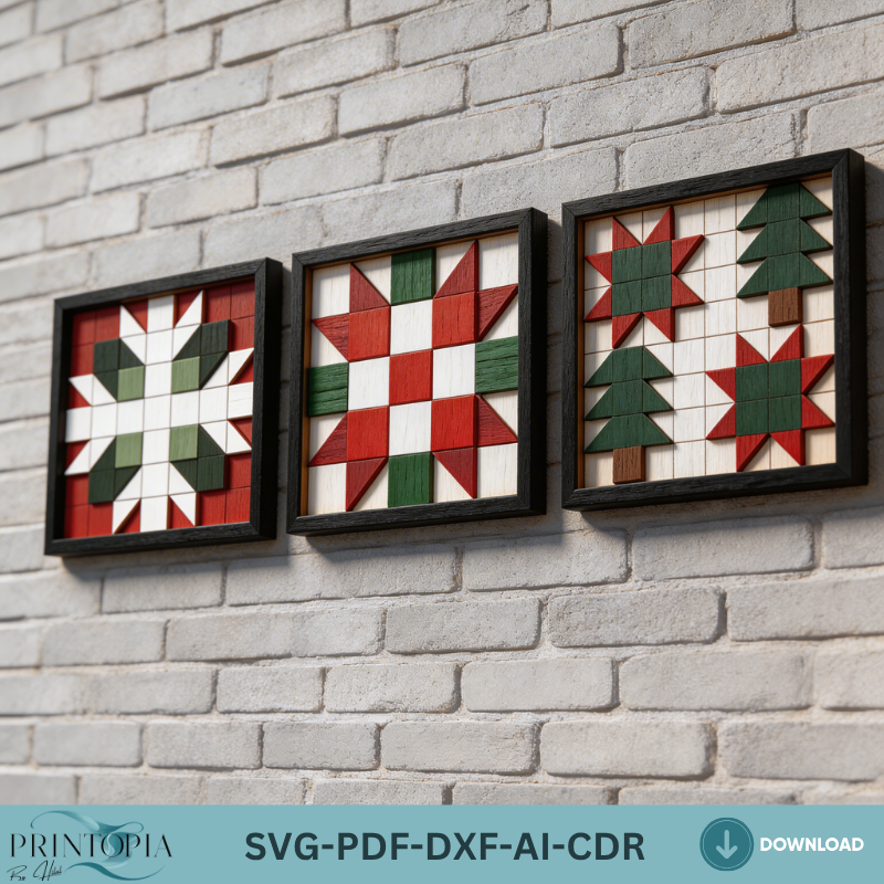 Christmas Quilt Block Laser Cut Patterns Wood Wall Art Bundle Holiday Snowflake Tree Star Decor