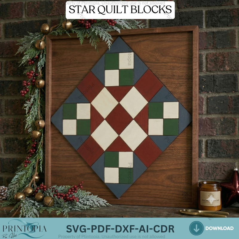Star Quilt Block Wooden Wall Art Pattern Geometric Barn Quilt Laser Cut Design Template 343