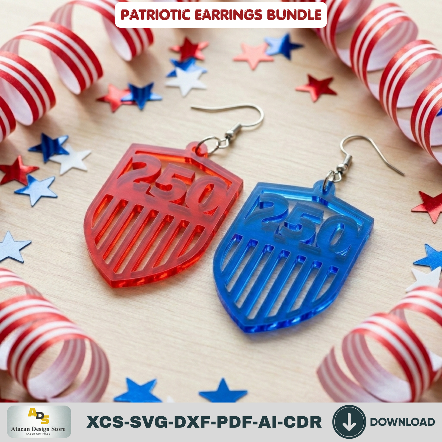 Patriotic Earrings Laser Cut Files, 4th of July USA Flag Jewelry Template, Veteran Gift