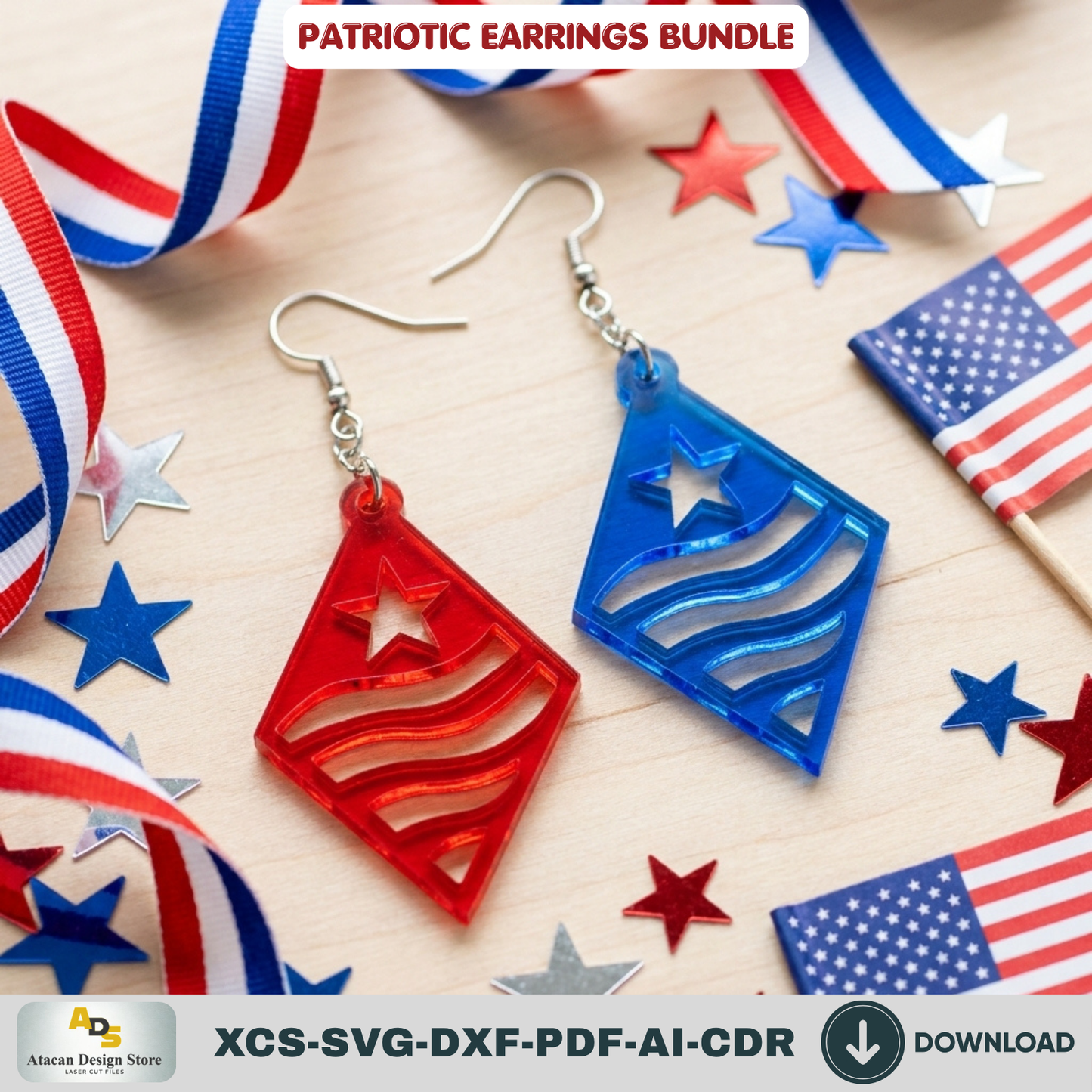 Patriotic Earrings Laser Cut Files, 4th of July USA Flag Jewelry Template, Veteran Gift