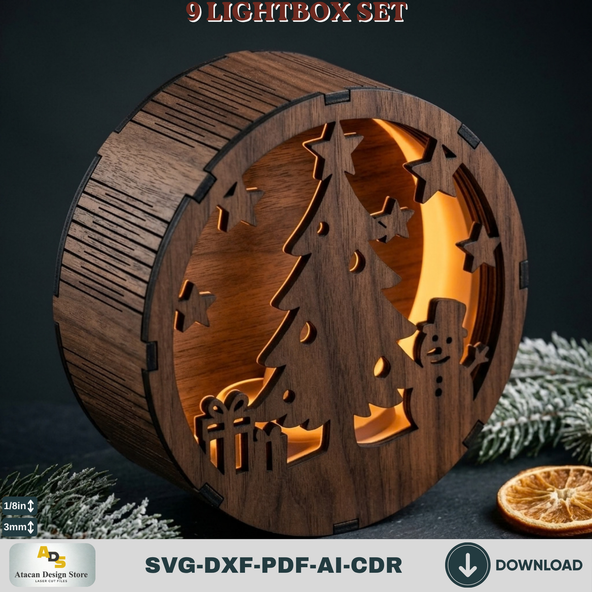 9 Winter Scene Lightbox Laser Cut Bundle Round Christmas Shadow Box Template