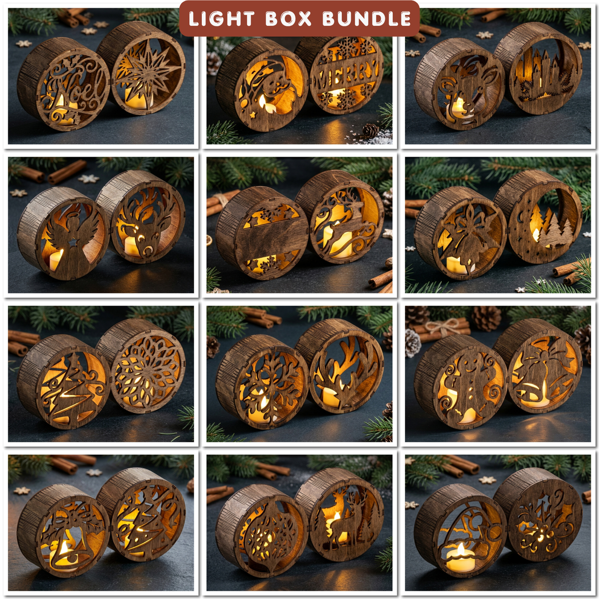 Christmas Light Box Bundle Laser Cut Vector, Wooden Tealight Lantern Template, Holiday Table Decor 578