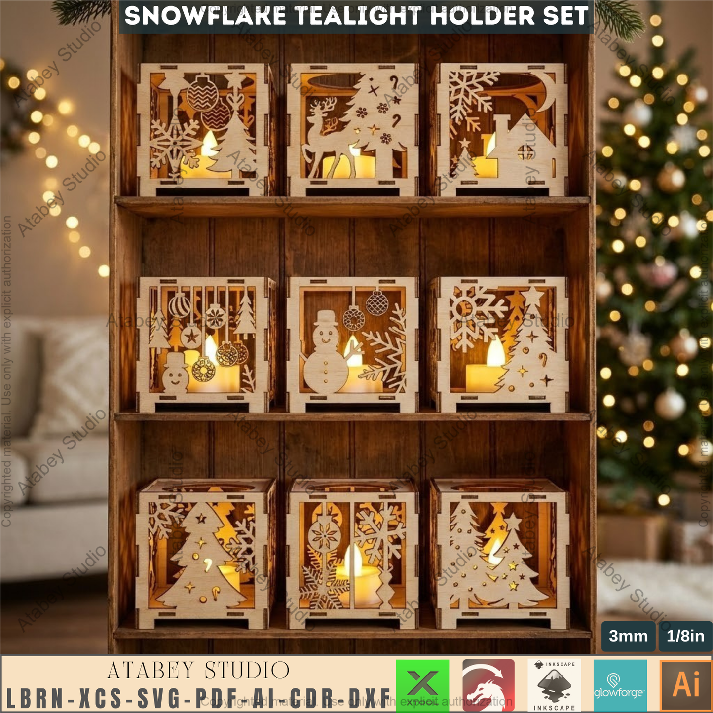 Christmas Tealight Box Set SVG, Laser Cut Christmas Candle Lantern Templates, Layered Tabletop Candle Holders 980