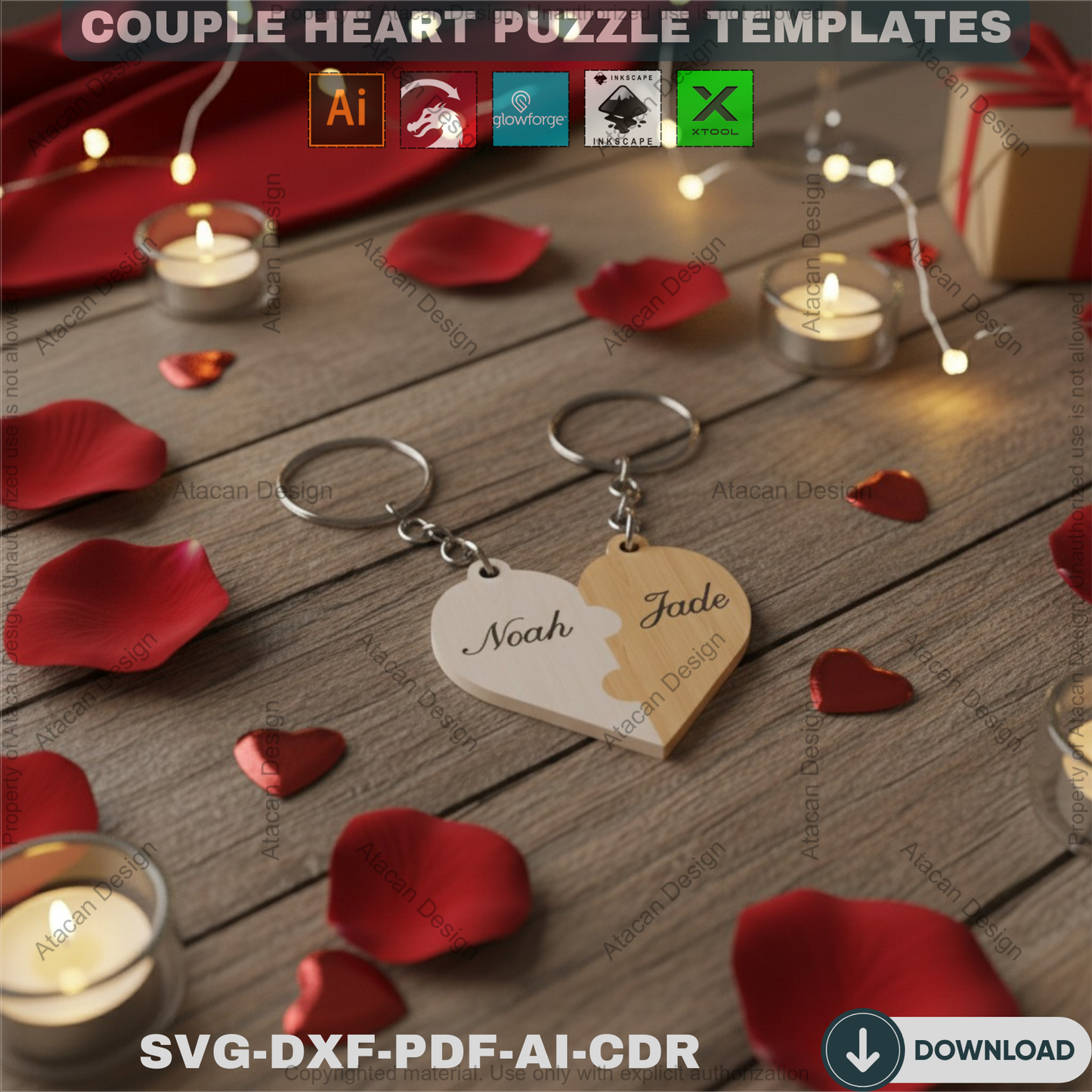 Couple Heart Keychain Laser Cut Files / Our Hearts Keyring Laser vector files / SVG DXF CDR Ai 304