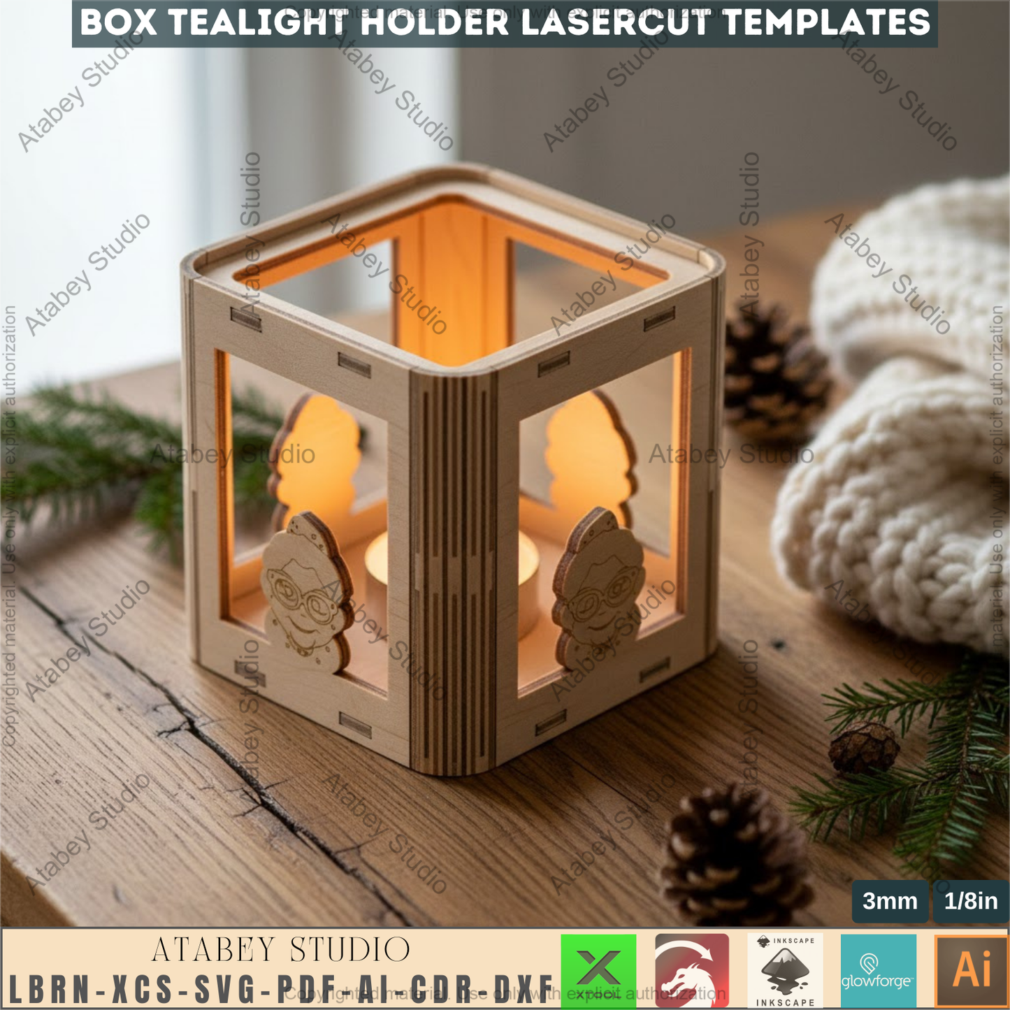 Christmas Laser Cut Tealight Holder, Santa Lantern Box Template, Living Hinge Candle Stand, Holiday Table Decor 974
