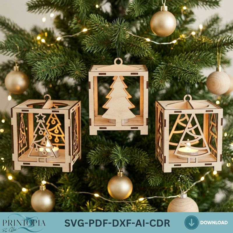 Green Christmas Tea Light Holder Decor / Christmas Ornament Tree Snowman Sled / Candle Holder / Floor Lantern Light DXF SVG Ai CDR ADS354