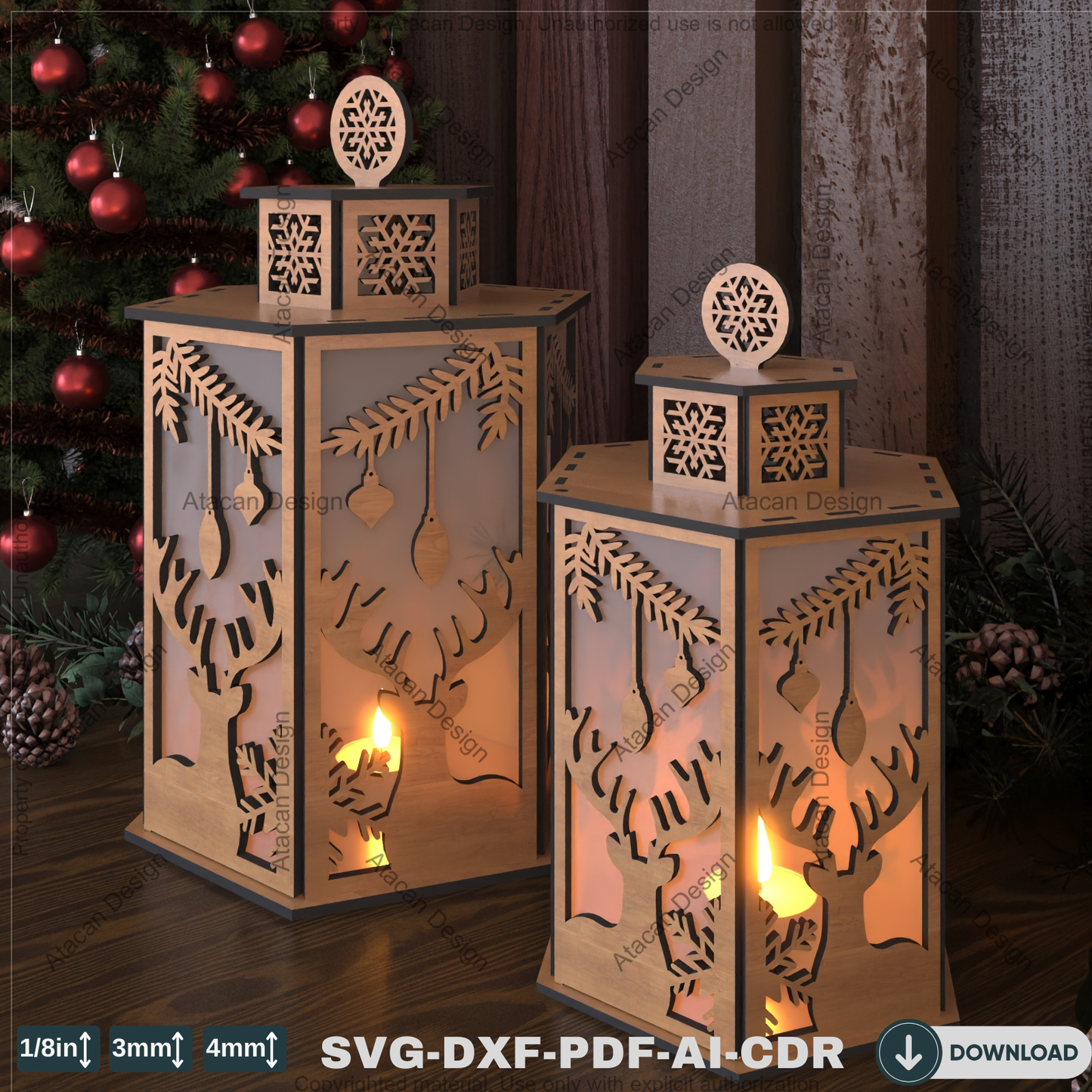 Festive Church Lantern Design – Reindeer and Christmas Tree Candle Holder Template 785