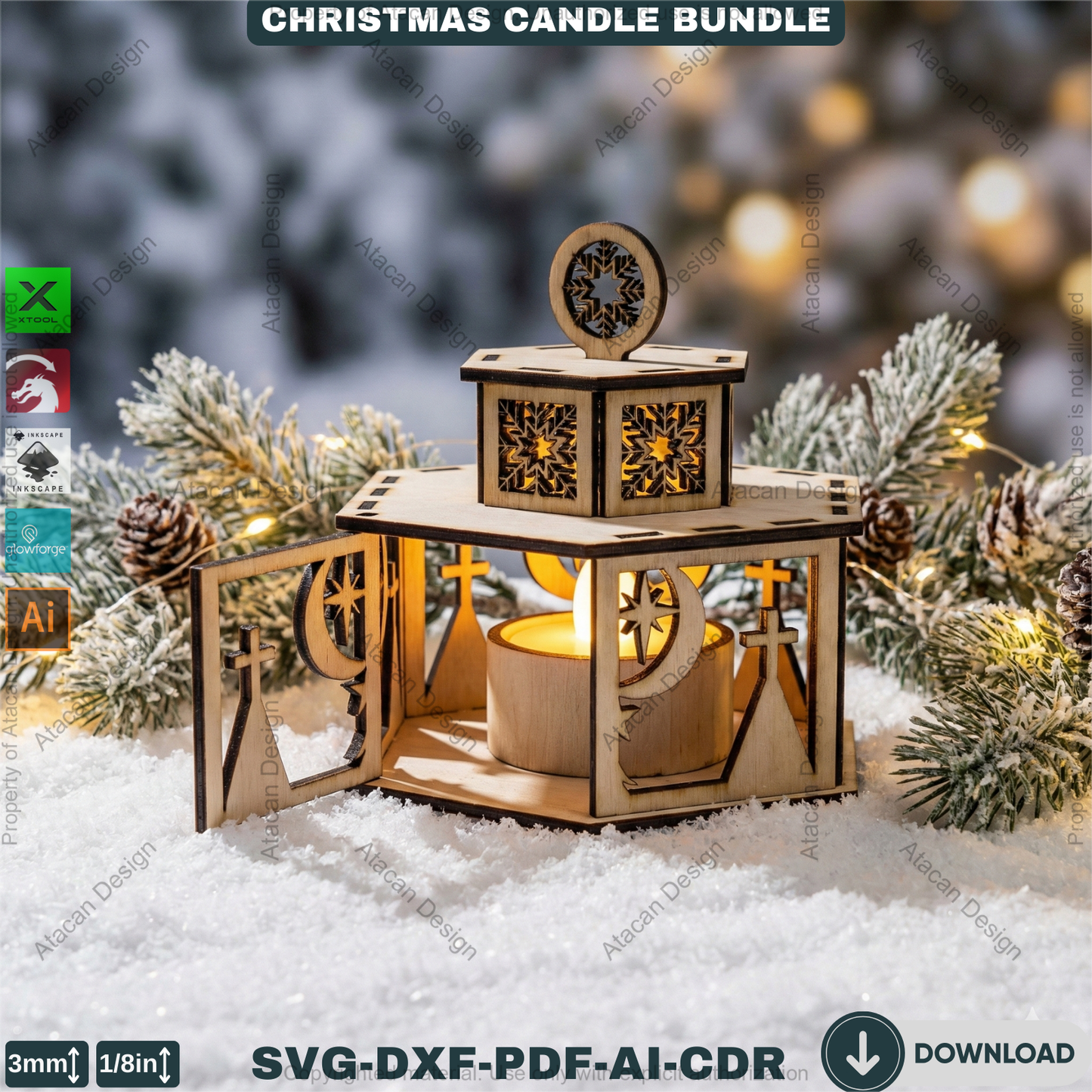 Christmas Candle Holders - Lanterns With Lid - Tealight Laser Cut Lamp Designs - Night Light Decoration 922