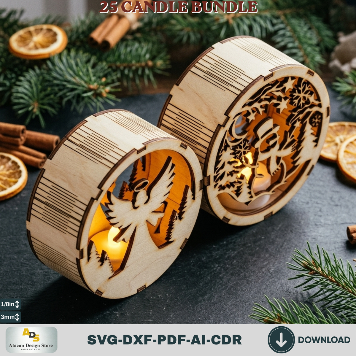 Christmas Tealight Candle Holder Bundle, 25 Laser Cut Round Lantern Templates, Xmas Glowforge Decor