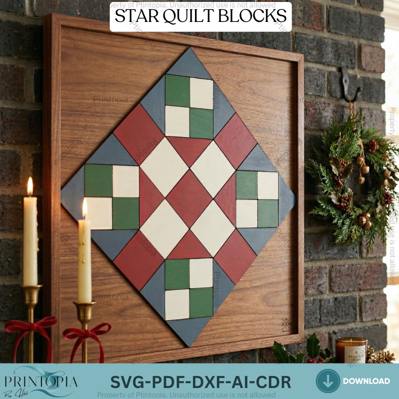 Star Quilt Block Wooden Wall Art Pattern Geometric Barn Quilt Laser Cut Design Template 343