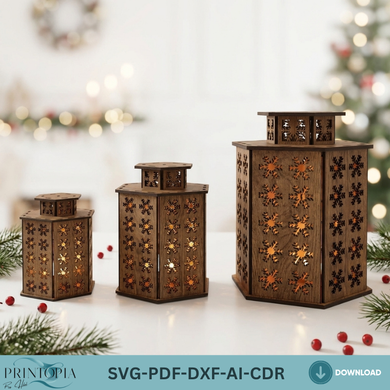 Laser Cut Christmas Lantern Wooden Snowflake Tealight Lamp 3 Sizes Holiday Home Decor 3D