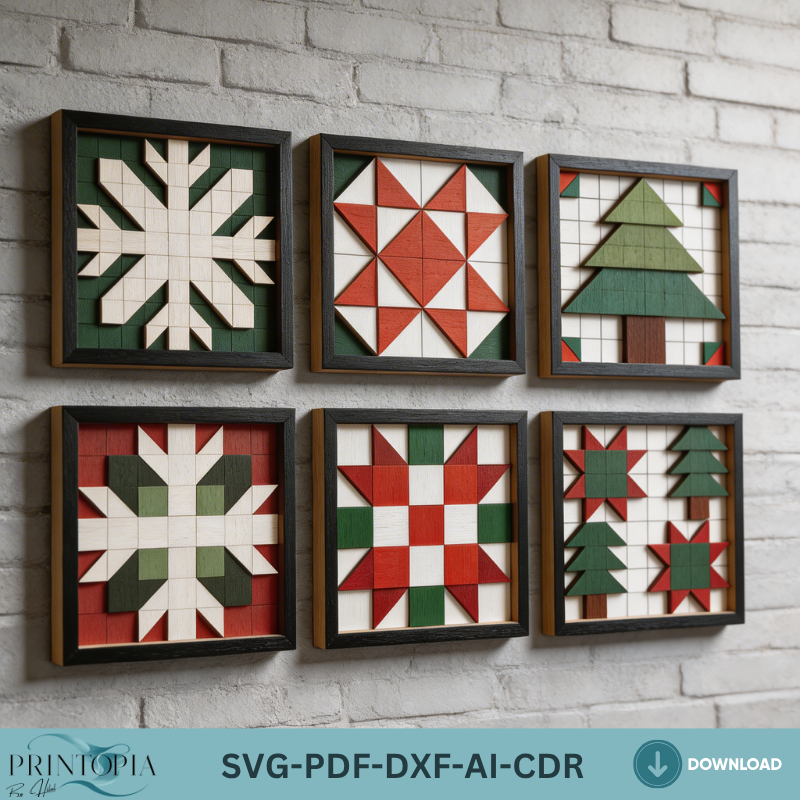 Christmas Quilt Block Laser Cut Patterns Wood Wall Art Bundle Holiday Snowflake Tree Star Decor