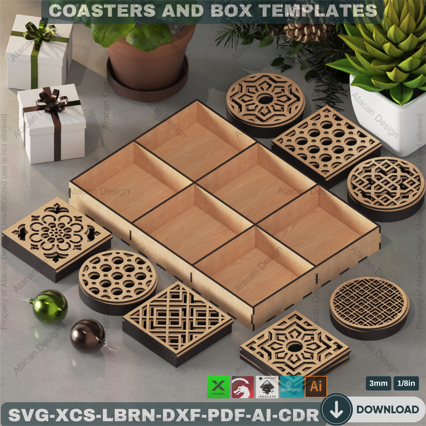 Laser Cut Coaster Set with Box SVG, Geometric Drink Coaster Template for Glowforge, xTool, DIY Wooden Coaster Holder Digital File 204