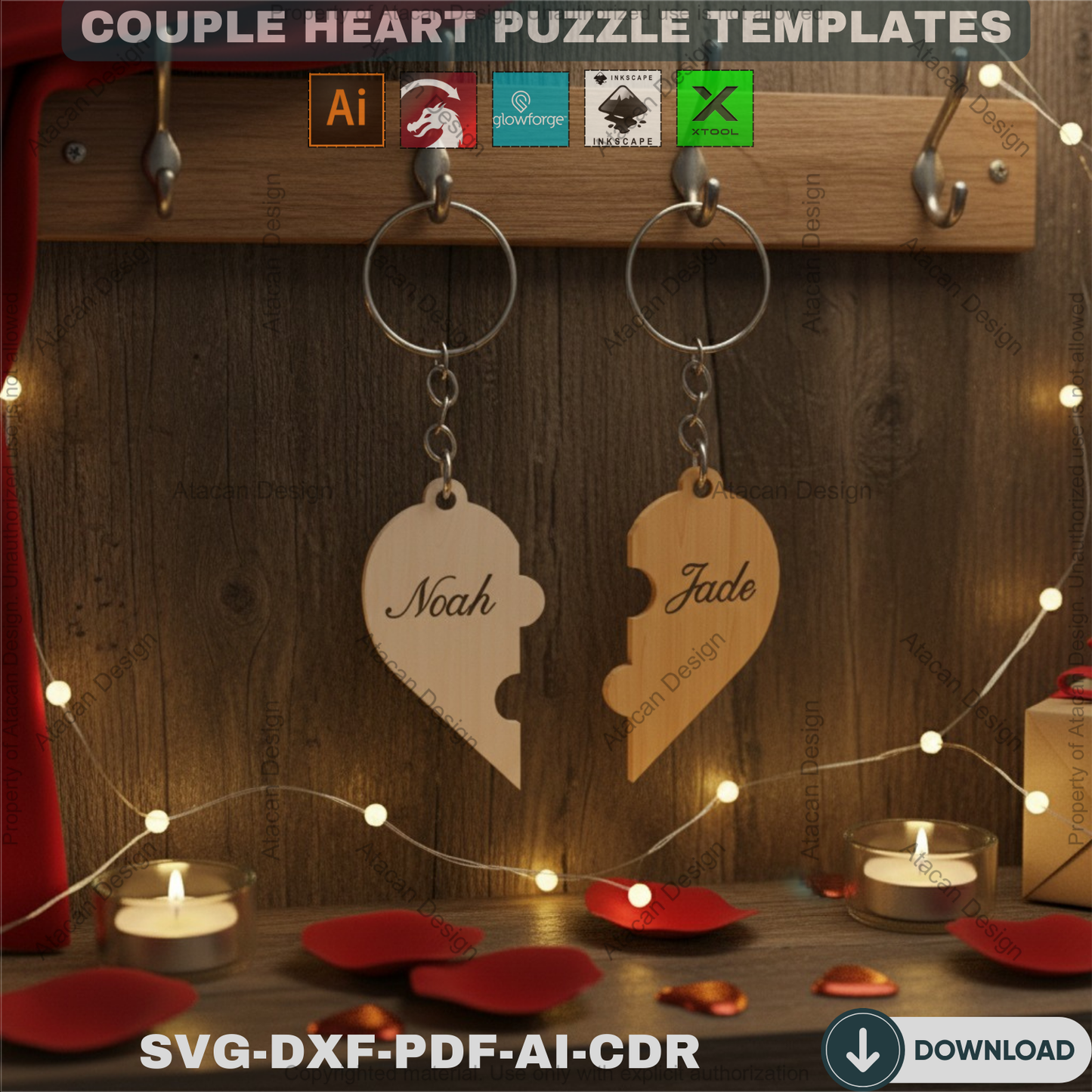 Couple Heart Keychain Laser Cut Files / Our Hearts Keyring Laser vector files / SVG DXF CDR Ai 304