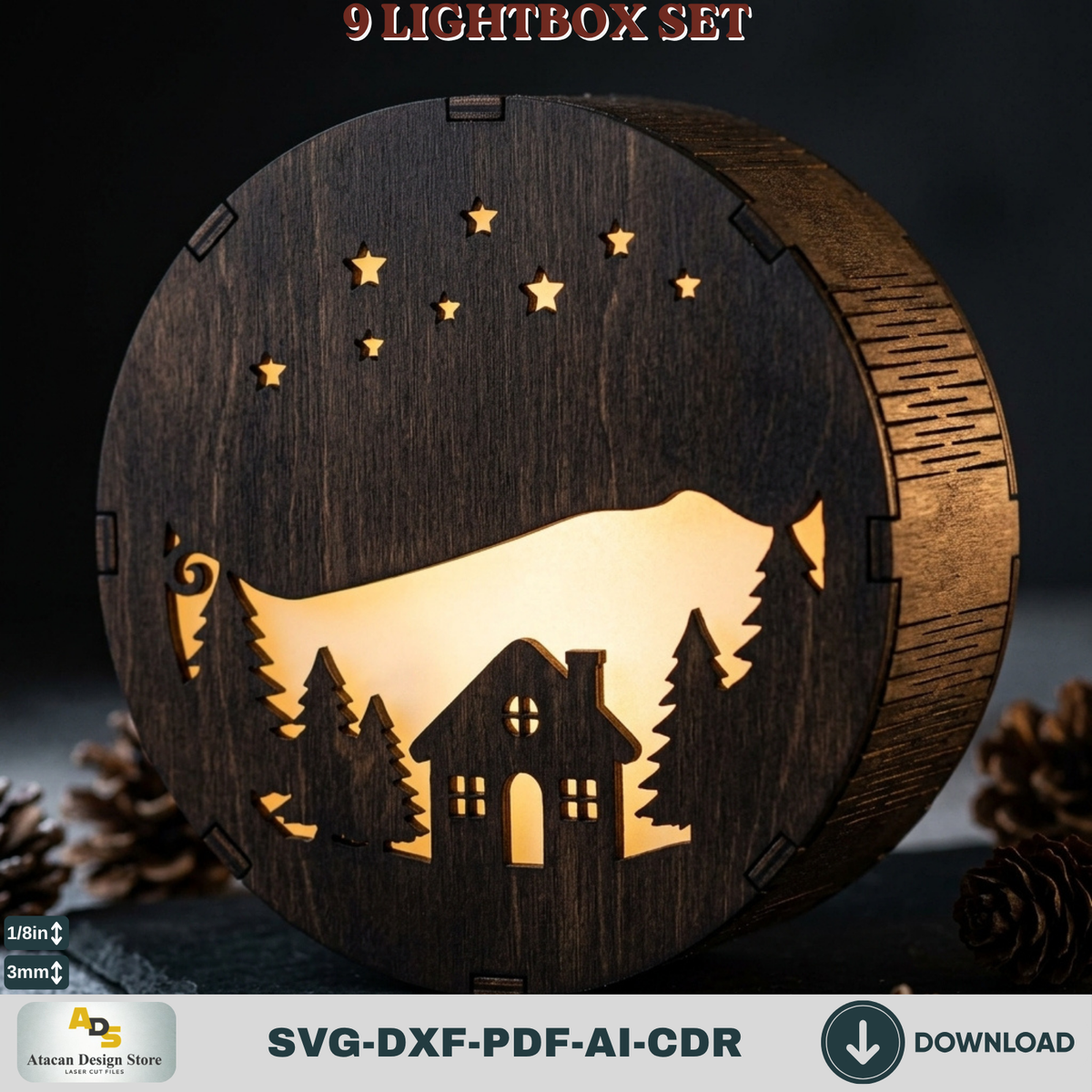 9 Winter Scene Lightbox Laser Cut Bundle Round Christmas Shadow Box Template