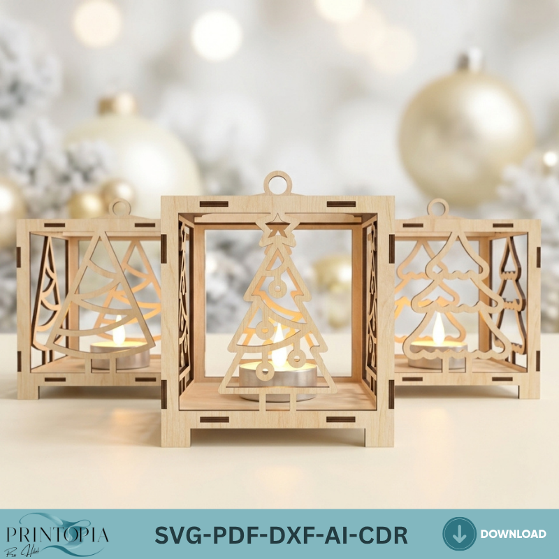 Green Christmas Tea Light Holder Decor / Christmas Ornament Tree Snowman Sled / Candle Holder / Floor Lantern Light DXF SVG Ai CDR ADS354
