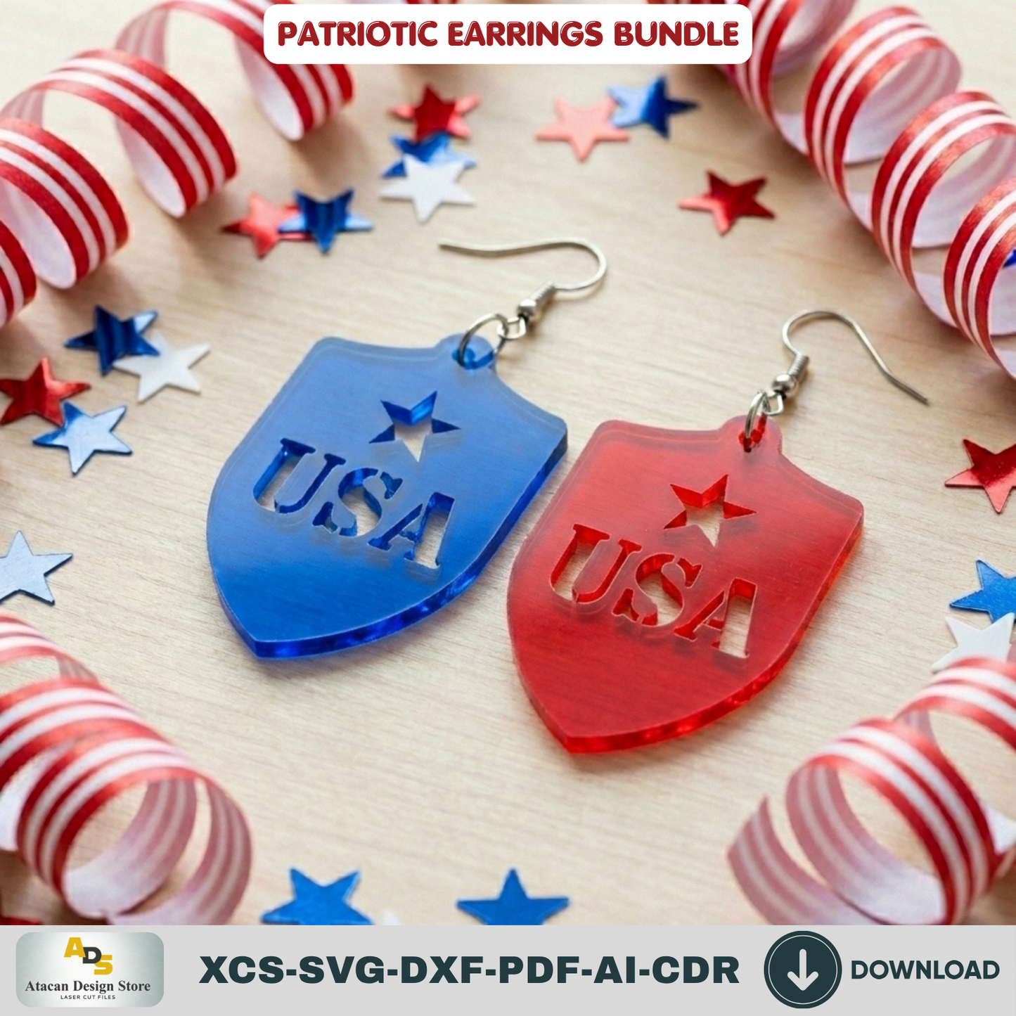 Patriotic Earrings Laser Cut Files, 4th of July USA Flag Jewelry Template, Veteran Gift