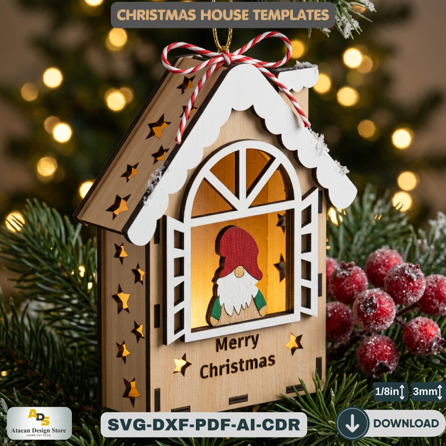 Christmas House Lantern Gnome Tealight Holder Template Holiday Decor DIY Festive Ornament