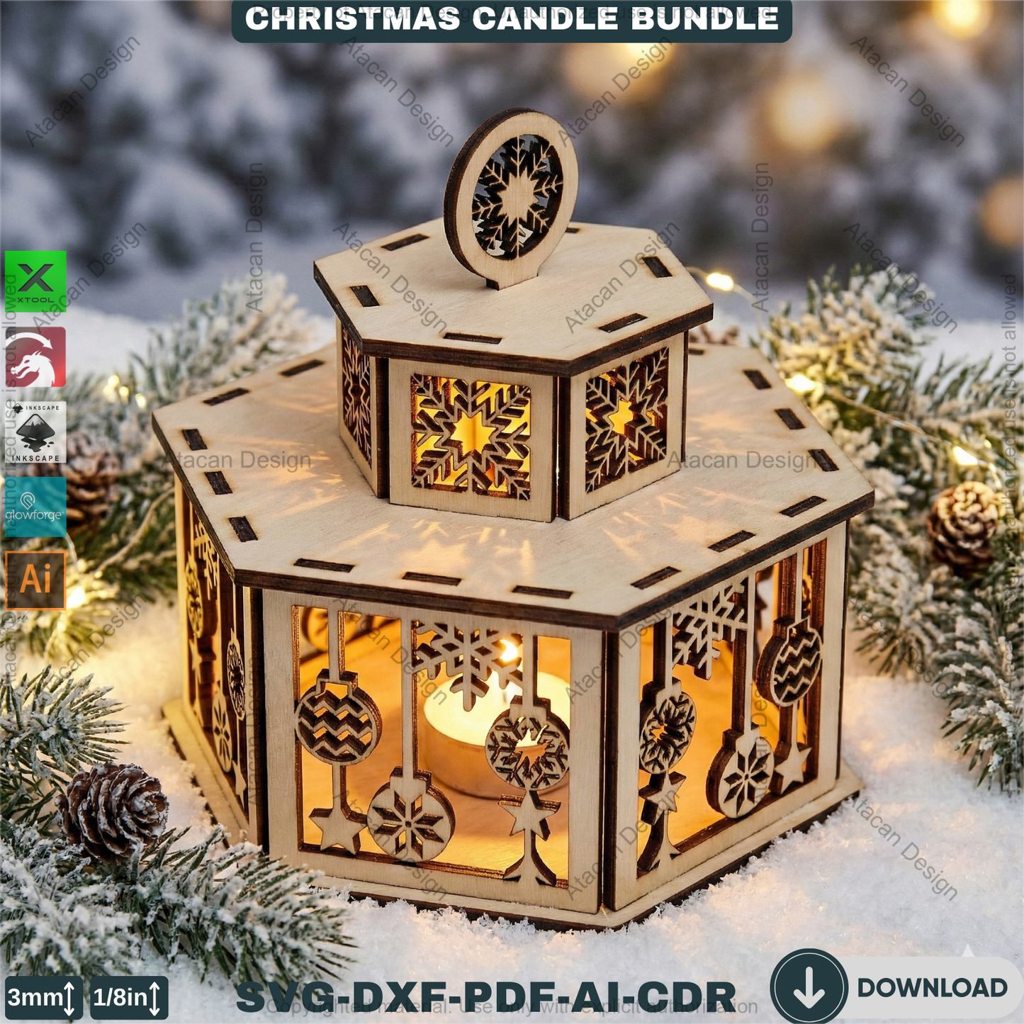 Christmas Candle Holders - Lanterns With Lid - Tealight Laser Cut Lamp Designs - Night Light Decoration 922