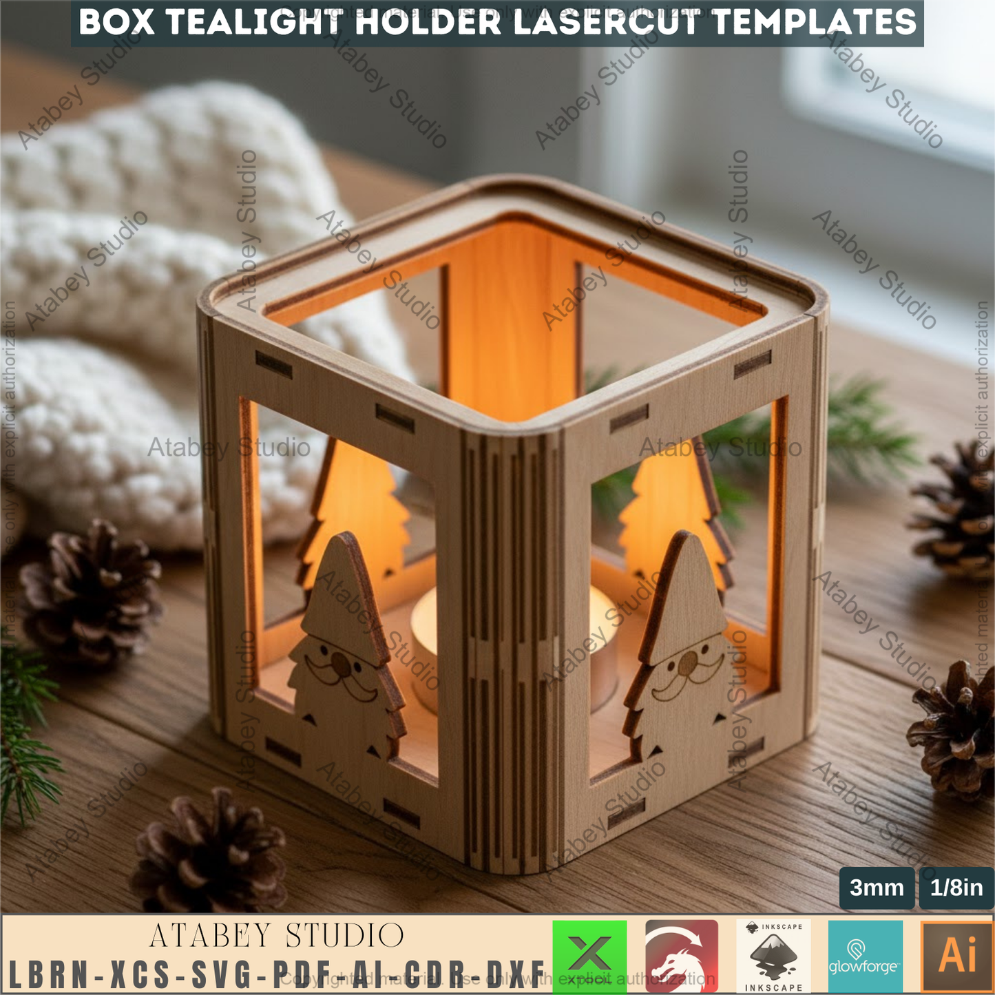 Christmas Laser Cut Tealight Holder, Santa Lantern Box Template, Living Hinge Candle Stand, Holiday Table Decor 974